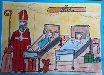 Rysunek - św. Mikołaj w szpitalu.